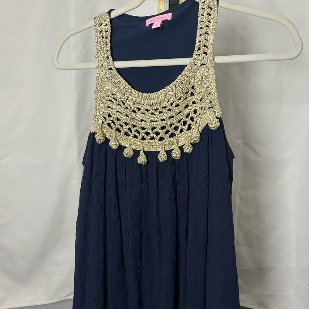 Lilly Pulitzer Navy Dress with Metallic Crochet Trim